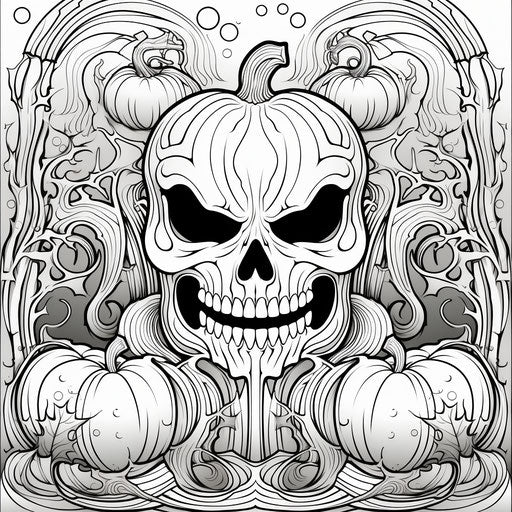 Halloween pumpkin with ornaments coloring page, skull pattern