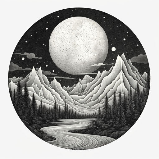 Ink drawing of dark place with mountains and moon