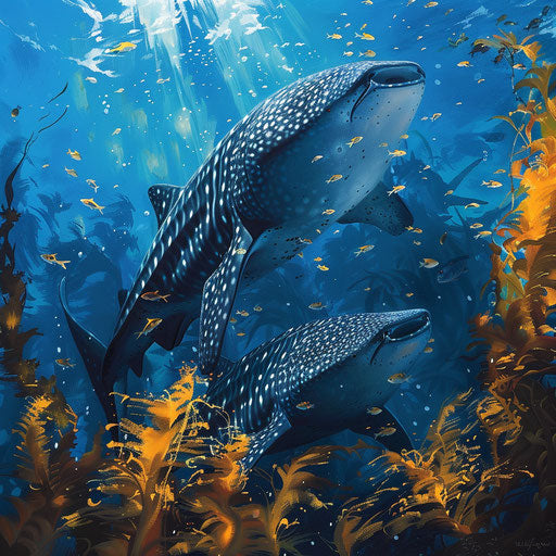 Mother shark and calf swimming in vibrant kelp forest