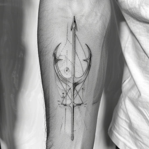 Abstract trident tattoo with geometric shapes on white background