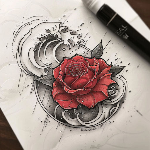 Cultural flat tattoo sketch of a rose with traditional Japanese wave patterns