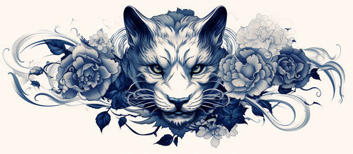 Black and white dragon head with flowers in tattoo design