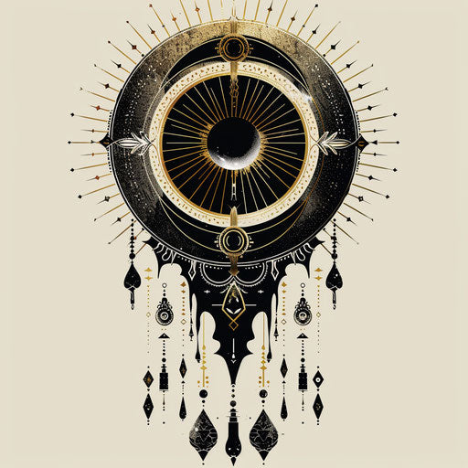 Chic tattoo sketch of an eclipse with art deco embellishments, in black and gold, clipart style