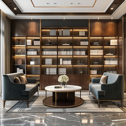 Modern law firm office with elegant furniture and library