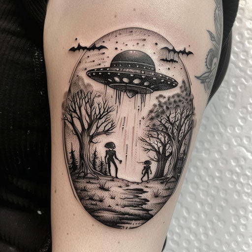 Horror-themed UFO tattoo with spooky alien figures