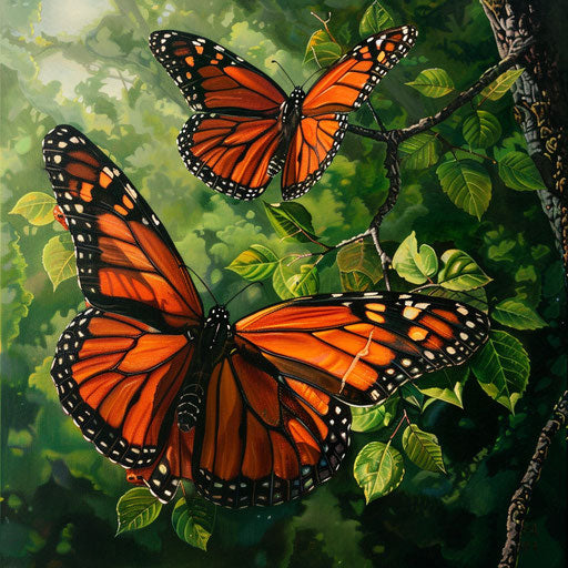 Two monarch butterflies sharing a moment on a leafy green branch in a serene woodland