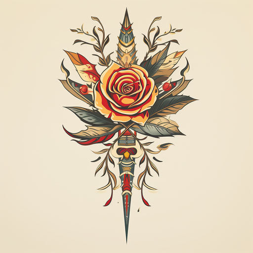 Rose and arrow tattoo, artistic style, opulent ornaments