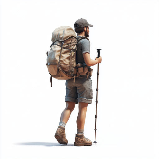 3D hiking, realistic style, flat white background, isolated clipart