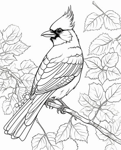 A blue jay coloring page with precisionist lines