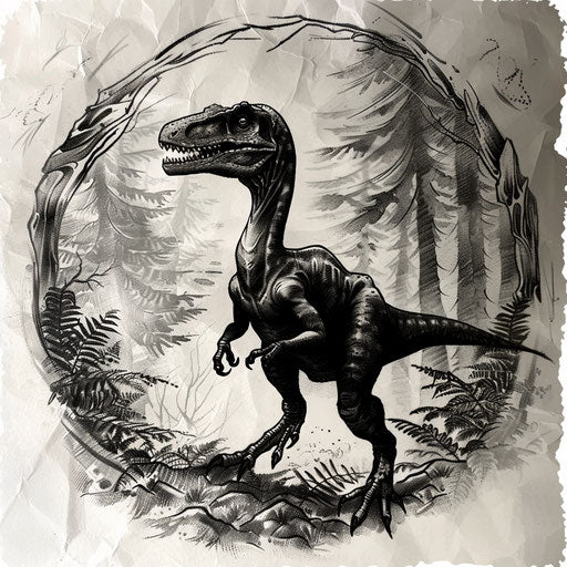 Shadowy velociraptor tattoo design in forest