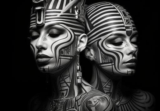 Egyptian couple tattoo in black and white drawing style