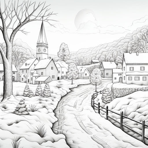 Charming winter village coloring page