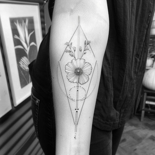 Geometric wildflower tattoo, combination of sharp lines and soft petals, black ink