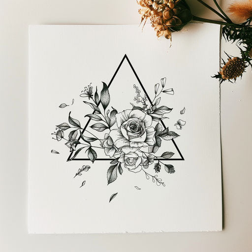 Floral-themed triangle tattoo illustration with delicate roses on white paper
