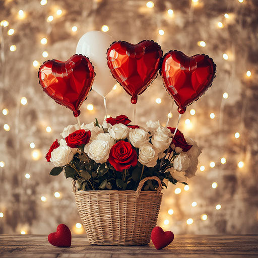 Valentine's Day backdrop with roses and heart-shaped balloons