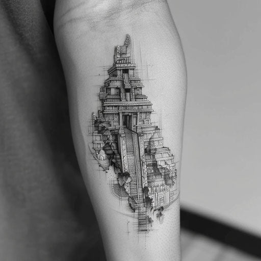 Detailed monochrome Mayan architecture tattoo on white backdrop