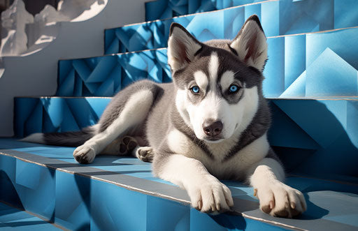 Husky puppy lying on the steps of a beautiful house
