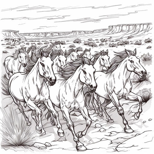Wild horses running freely in a desert. Coloring book page