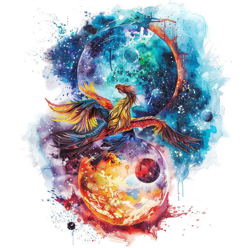 Surreal galaxy tattoo artwork with space and fantasy elements on white background