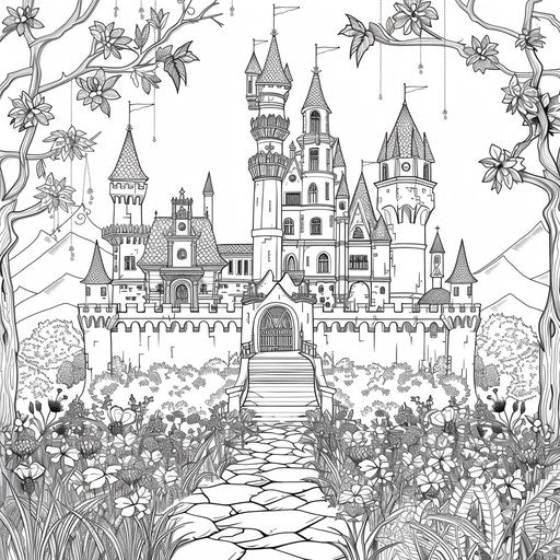 Fairy-tale castle surrounded by enchanted flowers