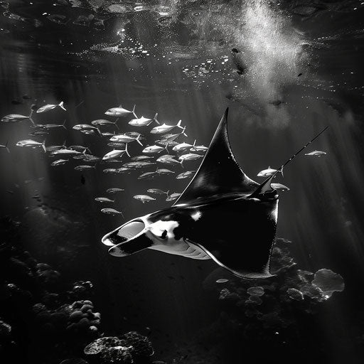 Manta ray with a school of fish in the background