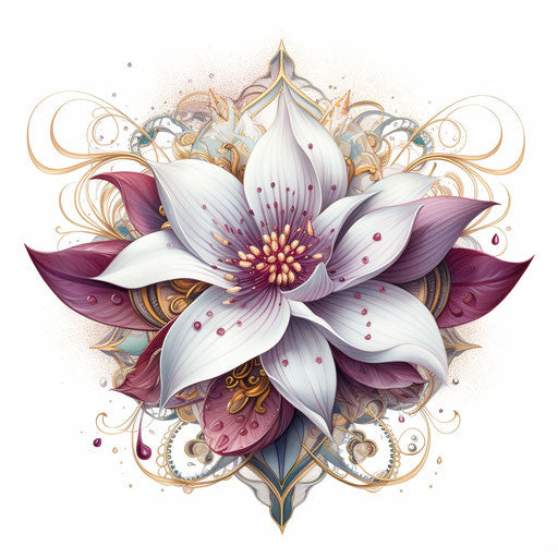 Ornate flower tattoo on white background, Hindu art style