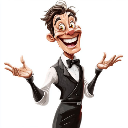 Humorous caricature of a waiter with long arms