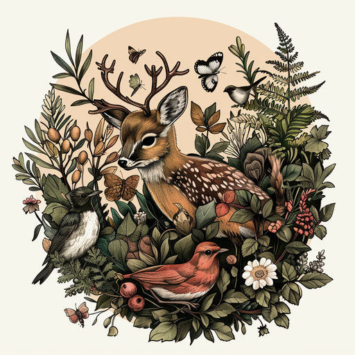 Nature-inspired girly tattoo with greenery and forest animals