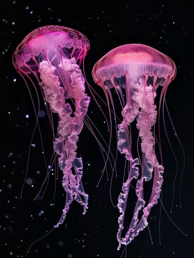 Two jellyfish with two small tentacles on black background