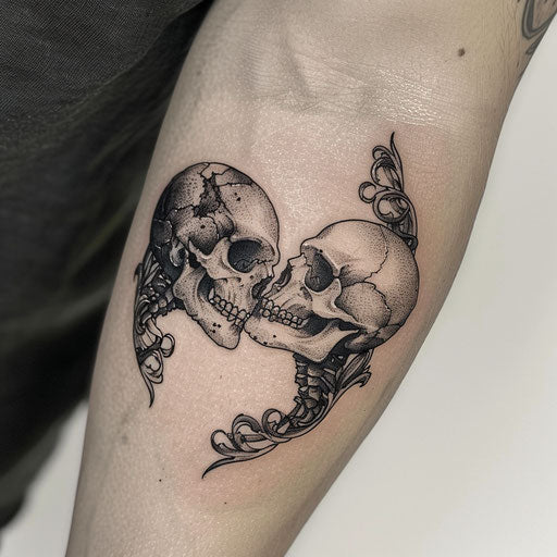 Couple tattoo with gothic intertwined skulls symbolizing eternal love