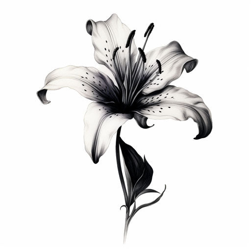 Dark tattoo-inspired lily flower on white background