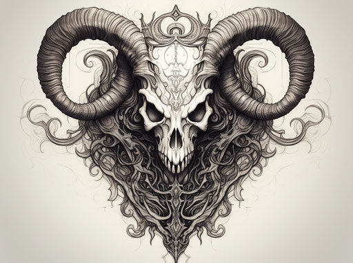 Ram skull with carvings, simple line work style