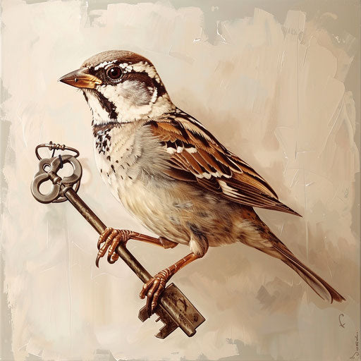 A whimsical sparrow carrying a key, in a storybook illustration style, on a pristine white canvas