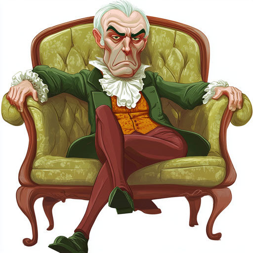 Humorous caricature of a character with exaggerated human characteristics, sitting on a couch, vibrant colors, cartoon style, angry