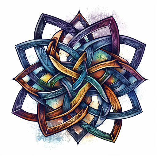 Modern geometric tattoo with a twist on traditional Celtic knots, vividly showcased on white.