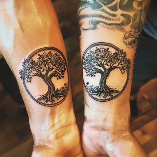 Matching tree of life tattoos, in the style of Glenn Fabry