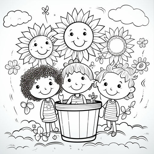 Happy summer bucket template for children, in the style of black and white art, captivating