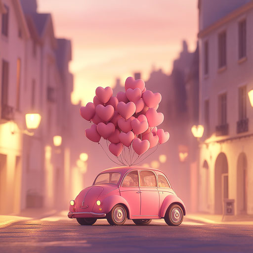 Pink car filled with heart-shaped balloons