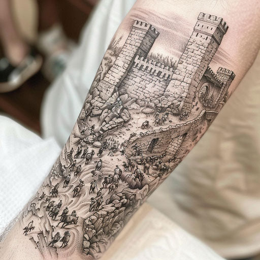 Battle of Jericho: Detailed tattoo, walls tumbling down