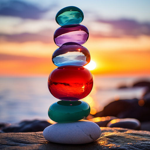Attractive stacking of red and green glass pebbles by the ocean at sunset