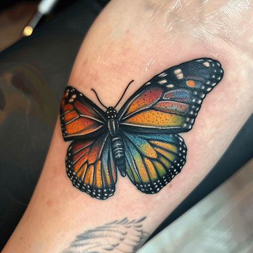 Bold 3D butterfly with black outlines and bright colors