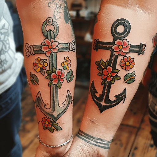 Brother and sister anchor tattoos, Sailor Jerry style