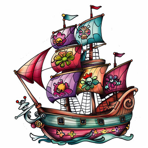 A whimsical tattoo sketch of a pirate ship with colorful sails and playful details, in a cartoonish clipart style