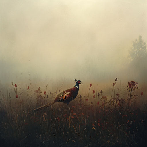 Pheasant in a misty morning meadow, Tim Flach style