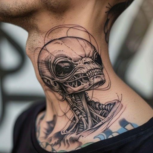 Side neck tattoos with an alien, in the style of Humberto Ramos