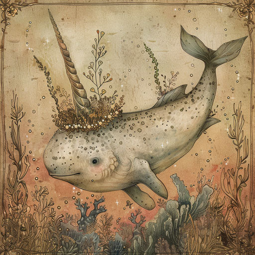 The narwhal wearing a crown of seaweed and pearls, ruler of the oceans