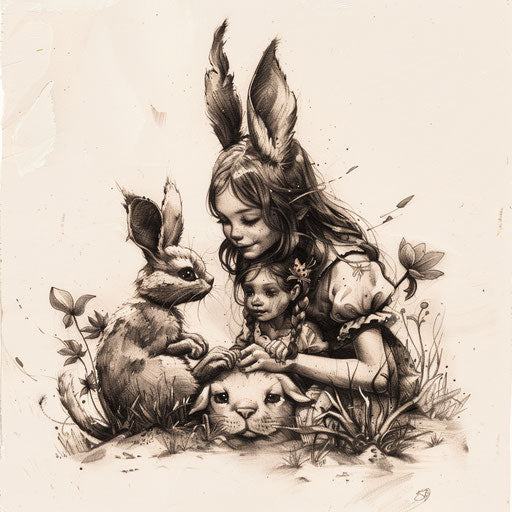Concept art for a Wonderland-inspired tattoo with Alice, the Cheshire Cat, and the White Rabbit, on a white field.