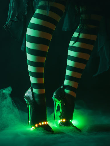 Green and black striped witch legs with high heels