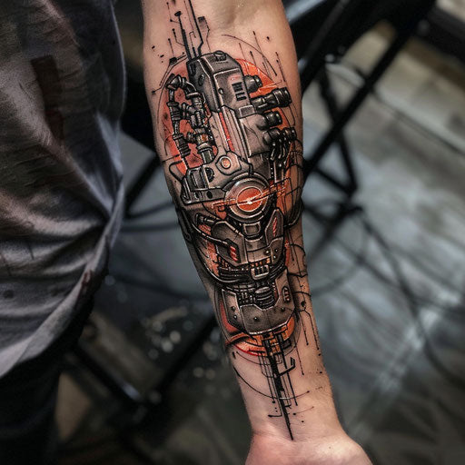 Inspiring tattoos with cyberpunk motifs, in the style of Adrian Smith