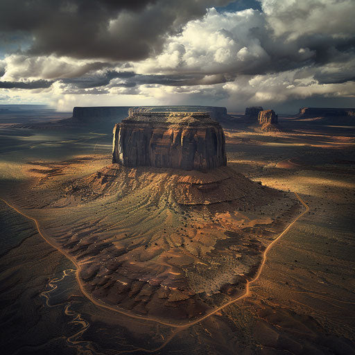 Aerial view of Monument Valley with dramatic clouds